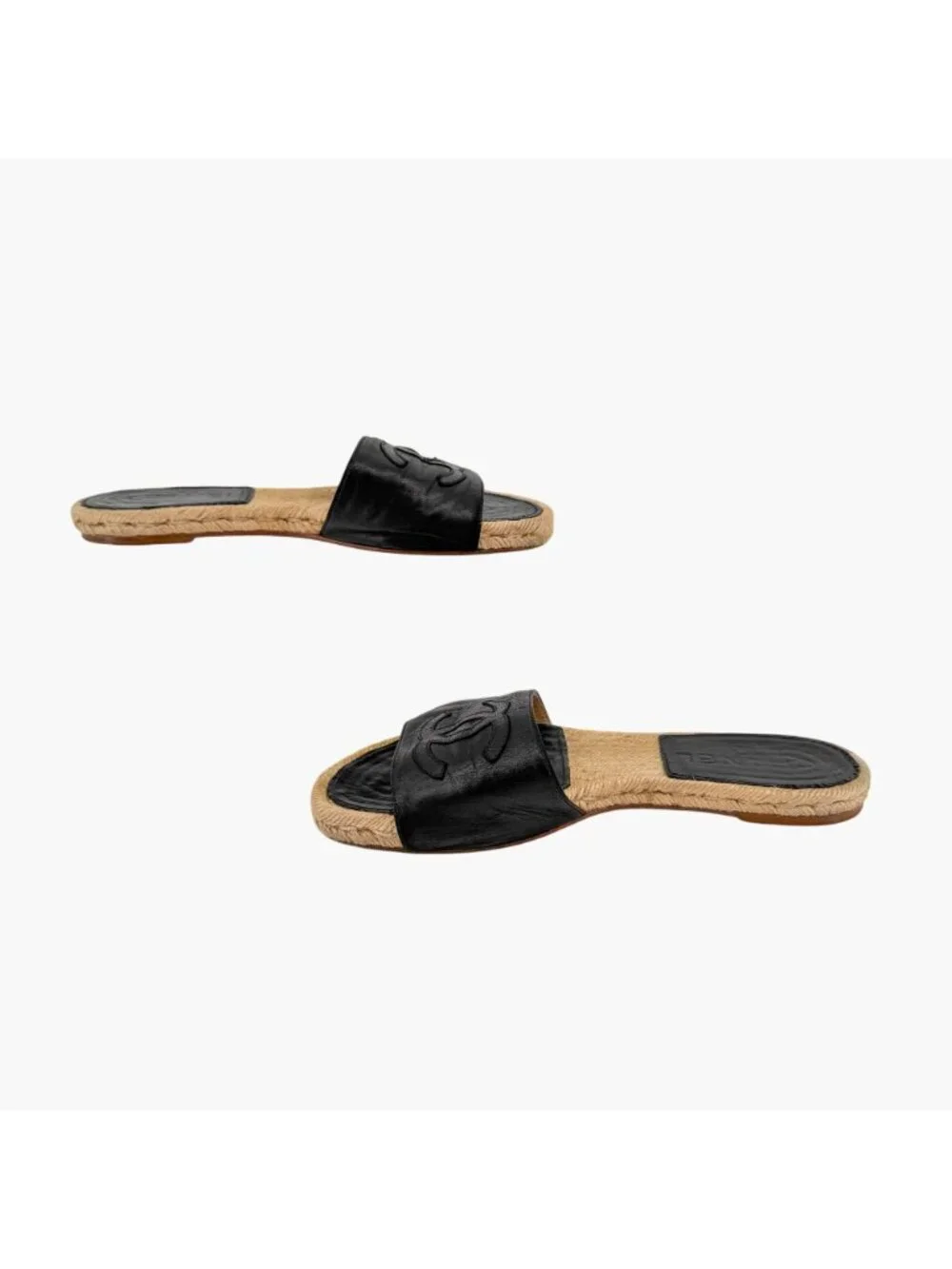 Chanel CC Flat Espadrille Mule Slide Sandals Black Leather Size 38 US 7-7.5